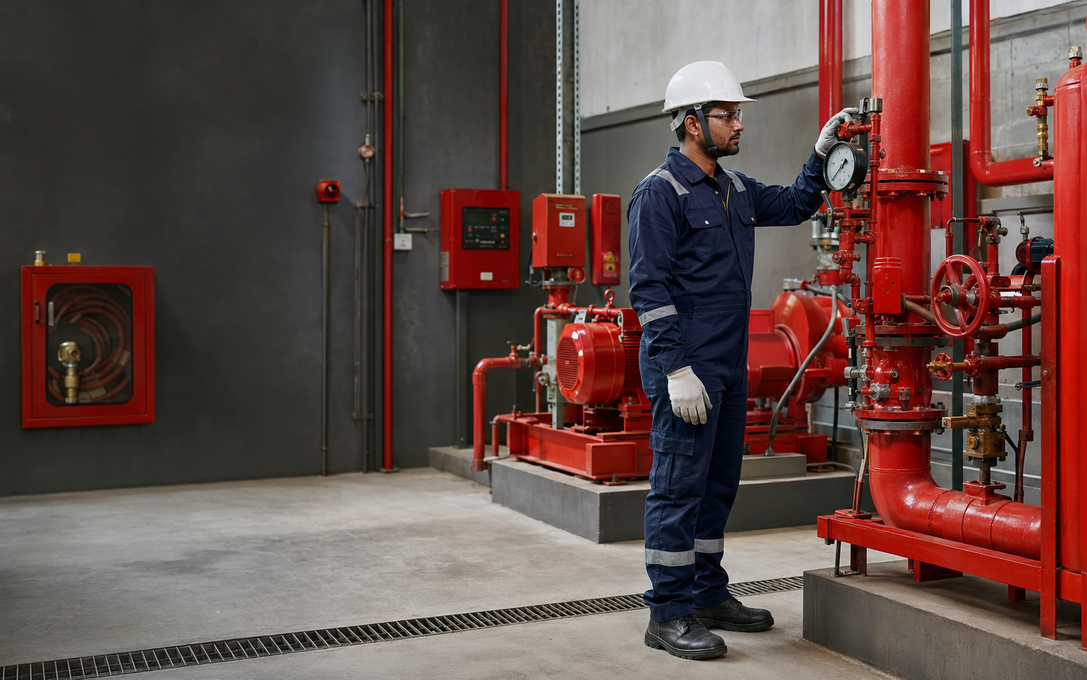 Fire-safety technician inspecting a clean hydrant and pump installation